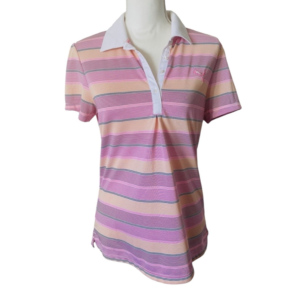 PUMA Dry Cell Golf Polo Shirt Short Sleeve Striped in Pink/Orange Size M - Picture 3 of 8